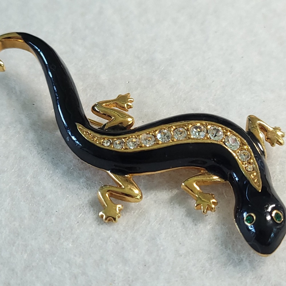 Vintage Avon Salamander Lizard Brooch Black Enamel Rhinestone Gold Tone Signed